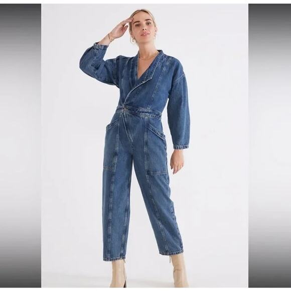 Etica Liv Asymmetrical Denim Jumpsuit Womens S Utility Deep VNeck Ethically Made - Picture 1 of 11